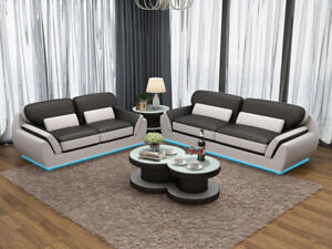 Wohnzimmer Sofa Set 3+2 Sitze Polster Klebeleder mit LED + USB Schwarz