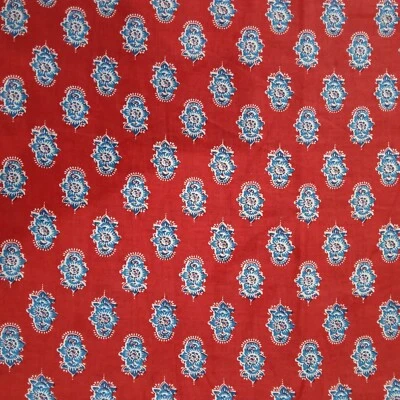 Indian Hand Block Printed Fabric Red 2.5 Yard  Women's Material Craft Apparel - Image 1 of 4