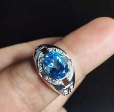 Natural Blue Topaz Gemstone 14k White Gold Ring For Men's #2688