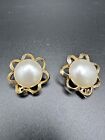 Vintage Signed Kramer Earrings Simulated Pearl Button Gold Tone Clip On