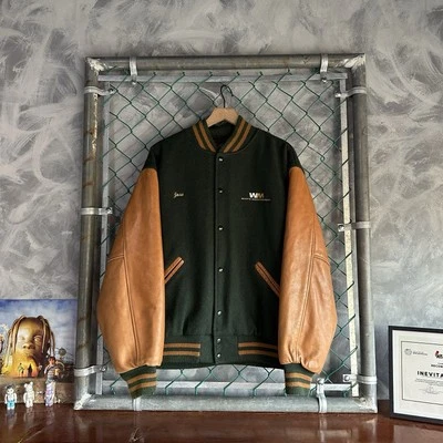 Chaqueta de Juego VINTAGE Para Hombre XL Verde Marrón Bombardero Universitario Lana Cuero Genuino Años 90 Foto 1 de 4