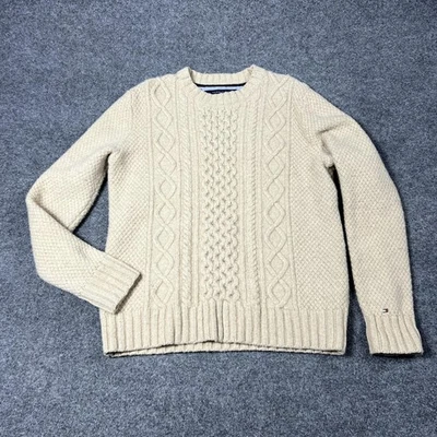 Tommy Hilfiger Sweater Mens L Beige Cable Knit Wool Blend Crewneck Fisherman - Image 1 of 4