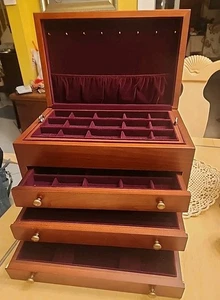 Vintage Eureka Schmuckkästchen Holz 3 Etagen Holz Burgund Samt innen  - Bild 1 von 16
