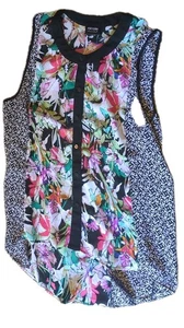 Nicole Miller Damen ärmelloses Top Shirt transparent Knopfleiste Blumenmuster Große L - Bild 1 von 3