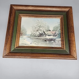 Vintage Landscape Oil Painting On Wood Woodland River Cabin Lake Framed 1953 - Picture 1 of 7