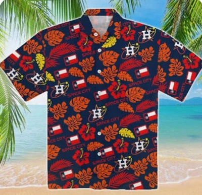 Houston Astros Shirt Mens Extra Large Blue Orange Hawaiian Shirt SGA Space City - Image 1 of 2