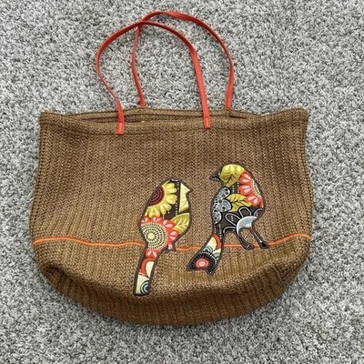 Bolso de Paja Tejido Vera Bradley Dos Pájaros en un Alambre Bolso de Playa de Compras Tapa Abierta Foto 1 de 4