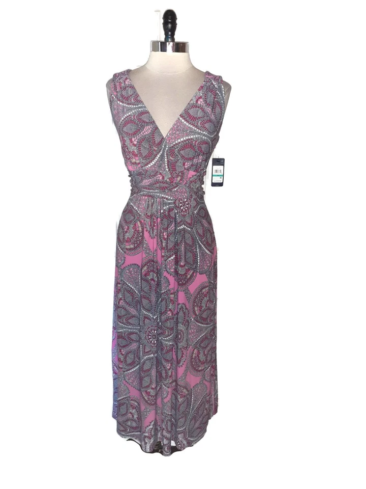 NEW TOMMY HILFIGER Sz 16 A-Line Dress Pink Black Floral Sleeveless Stretch Midi - Image 1 of 4