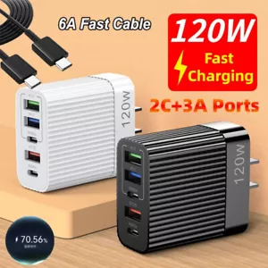 120W 5-Port USB C Fast Wall Charger Block ,PD 3FT Cable For All Cell Phone iPad - Picture 1 of 23