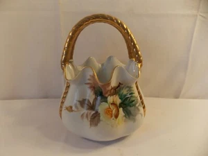 Vintage Porcelain Basket Gold Trim, Green & Brown Leaves, Yellow Roses - Picture 1 of 5