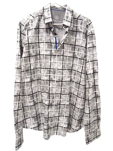 Bugatchi Uomo Mens Shirt L Shaped Fit Grey Checker Long Sleeve Button Flip Cuff - Picture 1 of 5