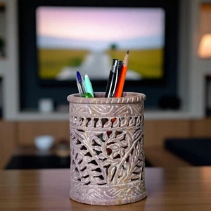 Soporte para bolígrafo de mármol hecho a mano de 4" con incrustaciones de mosaico floral organizador de escritorio regalo para él - Imagen 1 de 7