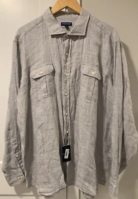 Peter Millar Crown 100% Linen Shirt Gray Long Sleeve Shirt Double Pocket Men XXL - Image 1 of 4