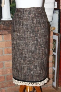 Vtg Newport News Womens 16 Skirt Tweed black brown cream with lace velvet trim - Picture 1 of 9