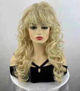 Long Curly Blonde Synthetic Hair Wigs Women Natural Party Wigs With Bangs UK - Picture 1 of 6