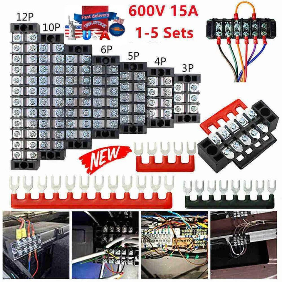 US Dual Row 3-12 Positions 600V 15A Screw Terminal Block Terminal Barrier Strip - Image 1 of 4