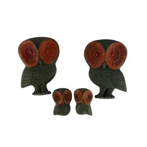 Mid Century Owl Wall Plaques Set, Retro Green & Orange Owl Family Kitsch Decor - Picture 1 of 12