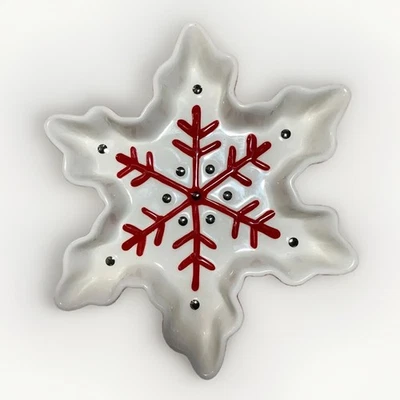 Hallmark Christmas Winter Décor Treat Dish Holiday Snowflake Red White & Silver - Image 1 of 4