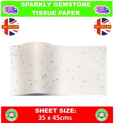 MUSTBEBONKERS WHITE WITH BLUE GEMSTONE TISSUE PAPER WRAPPING ~ SPARKLY GLITTER GEM 35x45cm