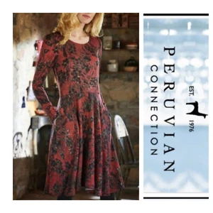 Vestido Floral Peruvian Connection Finley Rojo Negro Ajuste y Acampanado Talla XS - Imagen 1 de 13