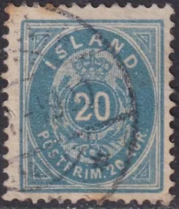ICELAND Sc# 17 USED - 20a BLUE ROYAL ARMS - Picture 1 of 1