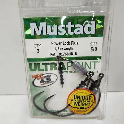 Mustad 91768UB18 Power Lock Ultra Sharp Bass Fishing Hooks 1/8oz Size 5/0 - Image 1 of 3