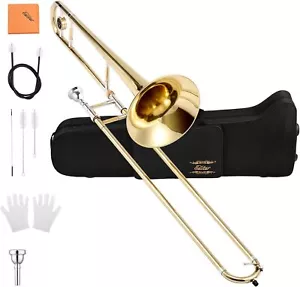 More details for eastar bb tenor slide trombone b flat brass plated band instrument kit golden
