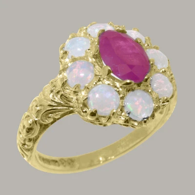 Solid 9k Yellow Gold Natural Ruby & Opal Womens Cluster Ring - Sizes 4 to 12 - Image 1 of 4