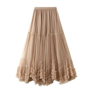 Sweet Tulle Cake Mesh Skirt Elegant Elastic Waist Fairy Long A-line Tutu Skirt - Picture 1 of 26