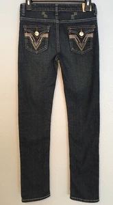 Vigoss Girls Jeans Size 12 Blue Medium Gold Back Flap Pockets Stitching D65 - Picture 1 of 9