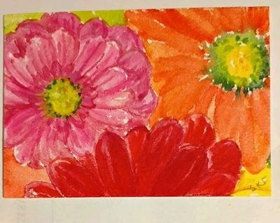 ACEO Original  Colorful  Zinnia Flowers Watercolor Painting  Sharon Foster  Art - Image 1 of 3