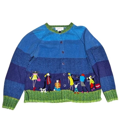 Susan Bristol Women's L Blue Striped Hand Embroidered Cardigan Sweater Vintage - Image 1 of 4