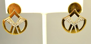 VINTAGE 14K YELLOW GOLD OPENWORK W/ CZ ACCENTS DOOR KNOCKER PIERCED EARRINGS - Picture 1 of 6