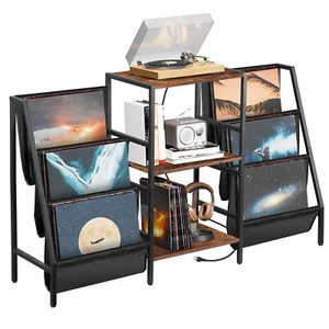 Record Player Stand End Table with Charging Station Vinyl Record Storage Cabinet - Picture 1 of 16