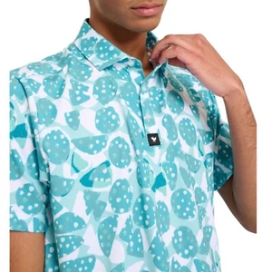 Bad Birdie MSRP $78 Golf Polo Shirt Performance Stretch Geo Print Teal Mens NWT - Picture 1 of 11