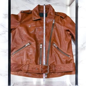 Allsaints Balfern Brown Leather Biker Jacket Large Size Sheepskin Used - Picture 1 of 6