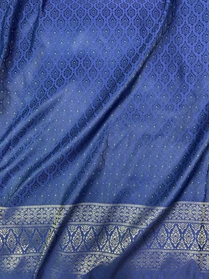 Blue Old Gold Thai-Laos Silk Damask Traditional Fabric BTY Formal Skirts Dress - Image 1 of 4