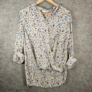Pleione Top Womens M Beige Ditzy Floral Roll Tab Sleeves Hi Lo Hem Career Office - Picture 1 of 13