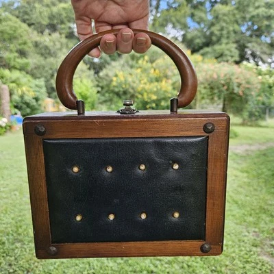 Vtg Wooden Box Purse 2 Sided Blk Leather Beads Red Liner Brass Latch 1960's - Image 1 of 4