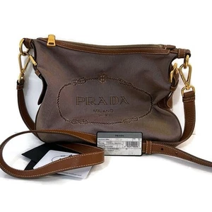 PRADA Brown Canvas Jacquard Logo Small Leather Crossbody Messenger Bag Unisex - Picture 1 of 18