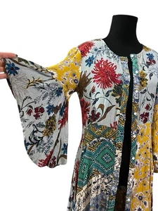 Umgee Floral Patchwork Boho Button Midi Dress S Duster Scarf Hem Bell Sleeve - Picture 1 of 13
