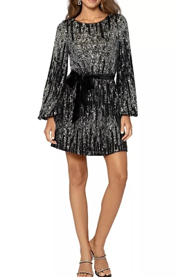 Vestido recto BETSY & ADAM talla 10 lentejuelas negro plateado manga larga nuevo con etiquetas defectuoso Foto 1 de 4