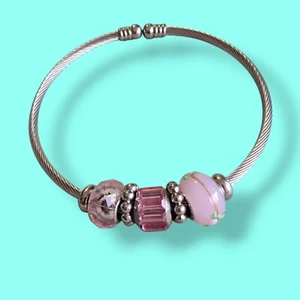 7.5in Silver Plate Pink Art Glass Rhinestone Slider Charm Bangle Bracelet - Picture 1 of 6