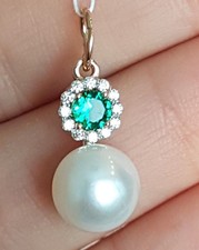 White Pearl, green spinel CZs Pendant Russian solid rose gold 585 /14k  AWESOME