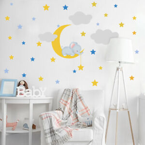 Cute Baby Elephant Sleeping Nursery Wall Sticker Moon Stars Clouds Wall Decor AU