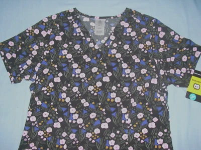 NUEVO CON ETIQUETAS Blusa Médica WonderWink Talla S Negra con Flores Lilas Cuello en V Manga Corta Foto 1 de 2