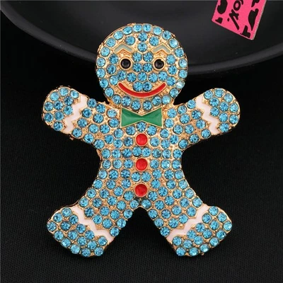 Fashion Women Blue Rhinestone Cute Gingerbread Man Crystal Brooch Pin Gifts - Image 1 of 3