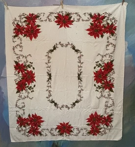 VTG Print Christmas Tablecloth Poinsettias  Holly 52”x60” Red Cutter Crafts TC10 - Picture 1 of 11