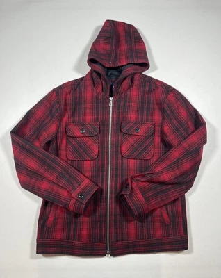 Gap Jacket Mens Large Red Black Plaid Wool Blend Hooded Full Zip Pockets Lined - Image 1 of 4