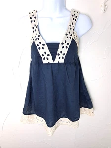 Twenty One Baby Doll Top Floral Eyelet Trim Navy Blue Size Small Cotton Light - Picture 1 of 12
